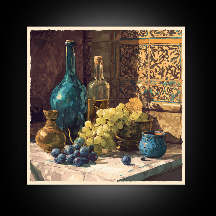 Grapes and Wine Still Life Framed Canvas Print, French Country Art, French Country Decor, Farmhouse Decor, Abstract Art, FCA-1x1-57