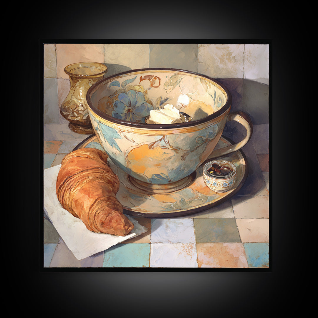 Caf Au Lait Bowl Framed Canvas Print, French Country Art, Digital Art Prints, Farmhouse Decor, Watercolor Art, Country, FCA-1x1-58