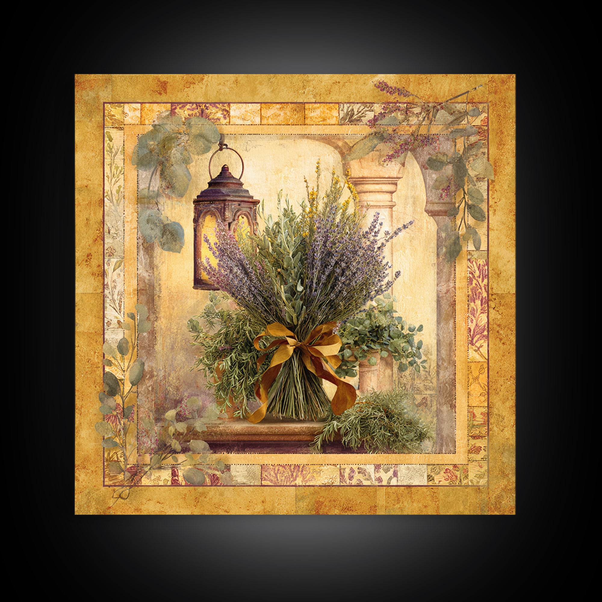 Farmhouse Kitchen Herbs Tied Framed Canvas Print, French Country Art, Digital Art Prints, Farmhouse Decor, Oil Painting, FCA-1x1-61