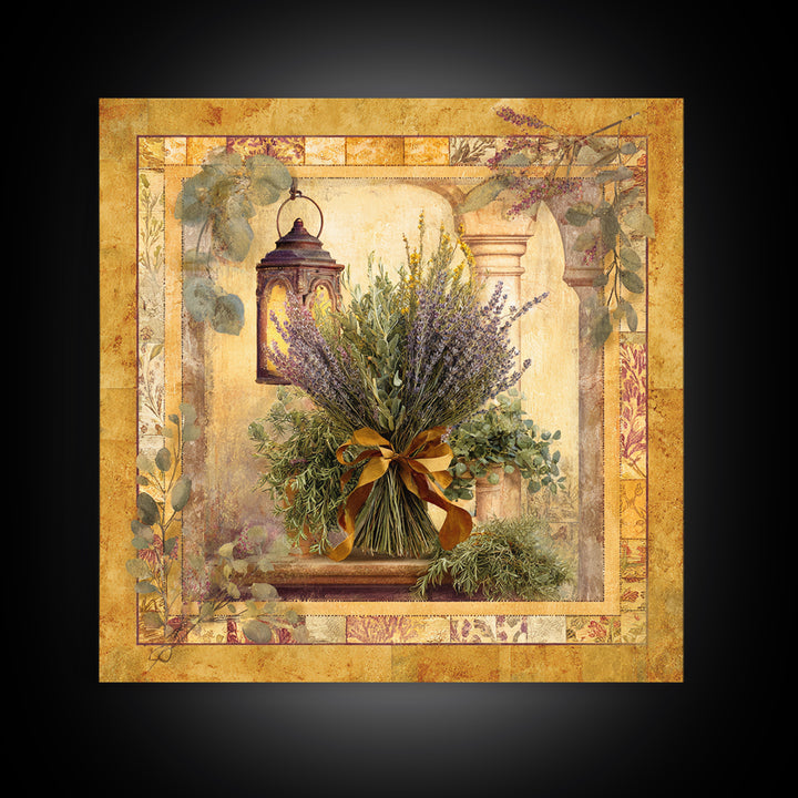 Farmhouse Kitchen Herbs Tied Framed Canvas Print, French Country Art, Digital Art Prints, Farmhouse Decor, Oil Painting, FCA-1x1-61