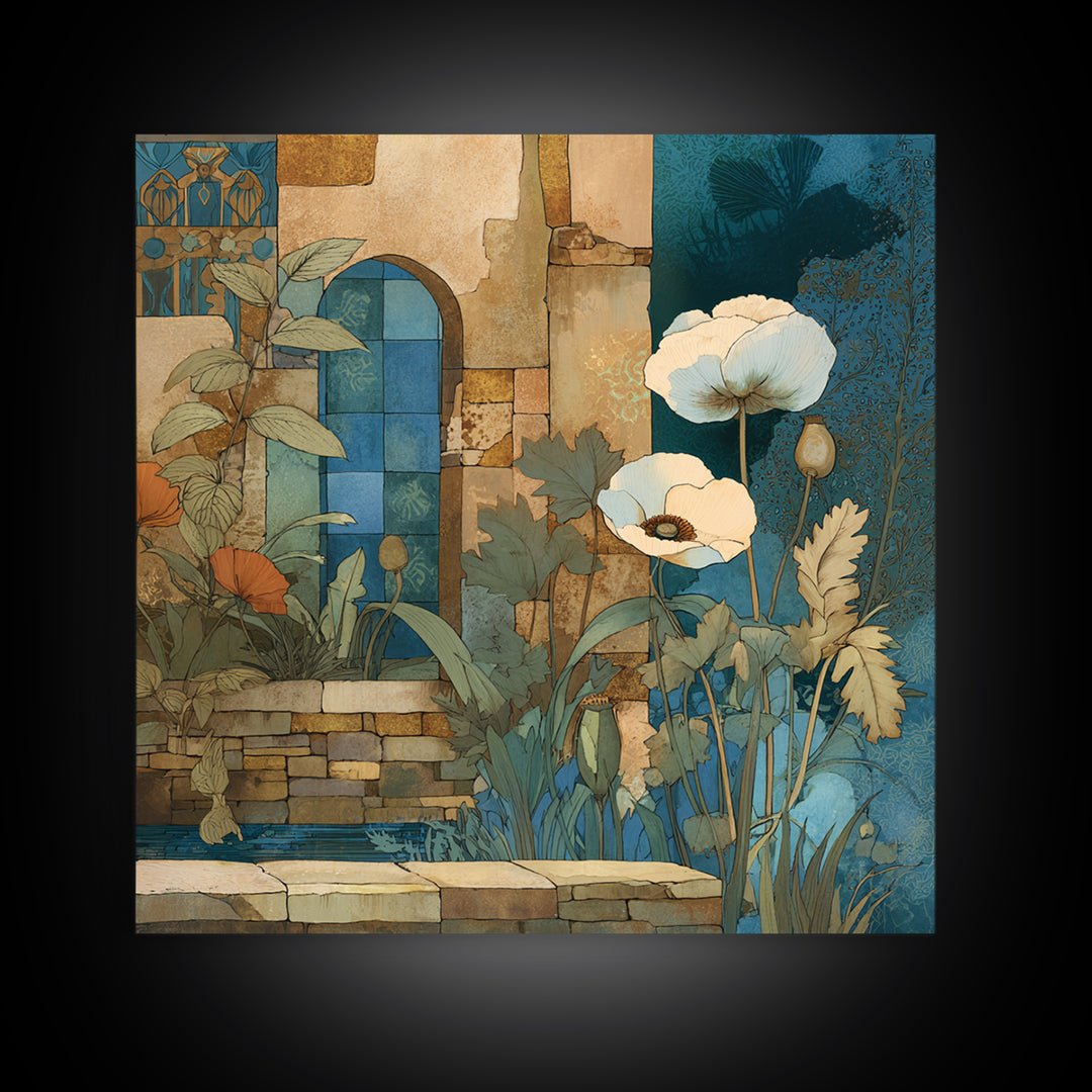 Poppies Beside a Stone Garden Wall Framed Canvas Print, French Country Art, Landscape Wall Art, Farmhouse Decor, Oil Painting, FCA-1x1-63