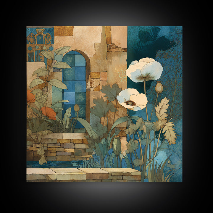 Poppies Beside a Stone Garden Wall Framed Canvas Print, French Country Art, Landscape Wall Art, Farmhouse Decor, Oil Painting, FCA-1x1-63