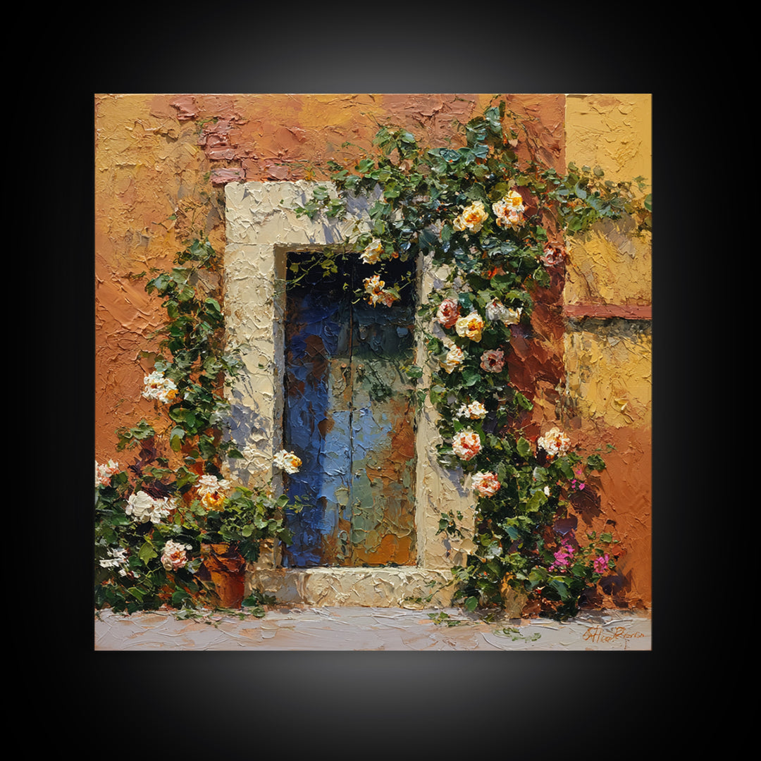 Rustic Door Covered Framed Canvas Print, French Country Art, Floral Wall Art, Farmhouse Decor, Fine Art, Country, Gallery Decor, FCA-1x1-65