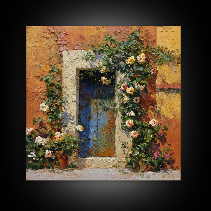 Rustic Door Covered Framed Canvas Print, French Country Art, Floral Wall Art, Farmhouse Decor, Fine Art, Country, Gallery Decor, FCA-1x1-65
