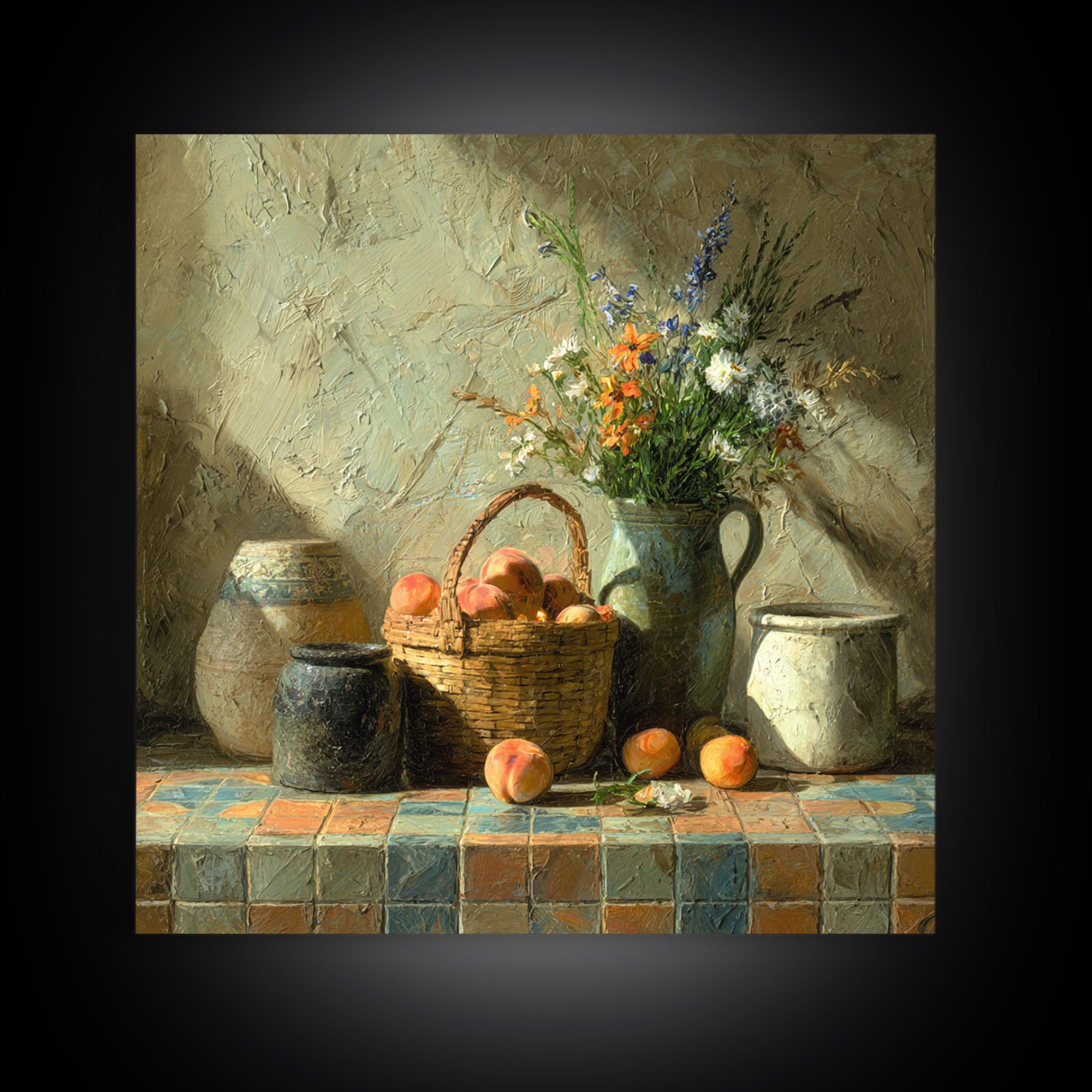 Basket of Fresh Peaches and Wildflowers Canvas Print, French Country Art, Eclectic Wall Art, Farmhouse Decor, Country, FCA-1x1-68