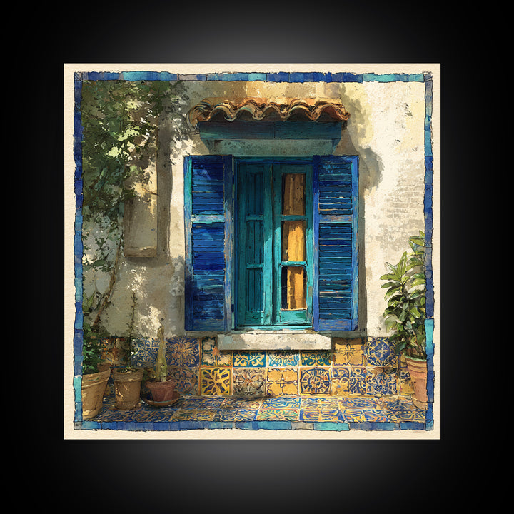 Weathered Window with Blue Shutters Canvas Print, French Country Art, Botanical Wall Art, Farmhouse Decor, Watercolor Art, FCA-1x1-69