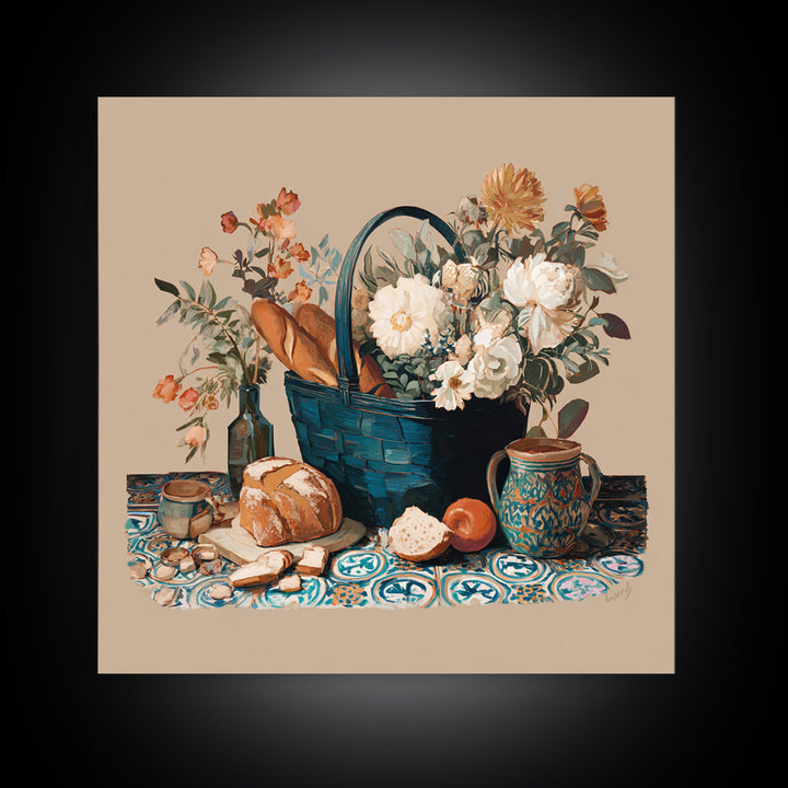 French Market Basket Framed Canvas Print, French Country Art, Digital Wall Art, Farmhouse Decor, Oil Painting, Country, FCA-1x1-7
