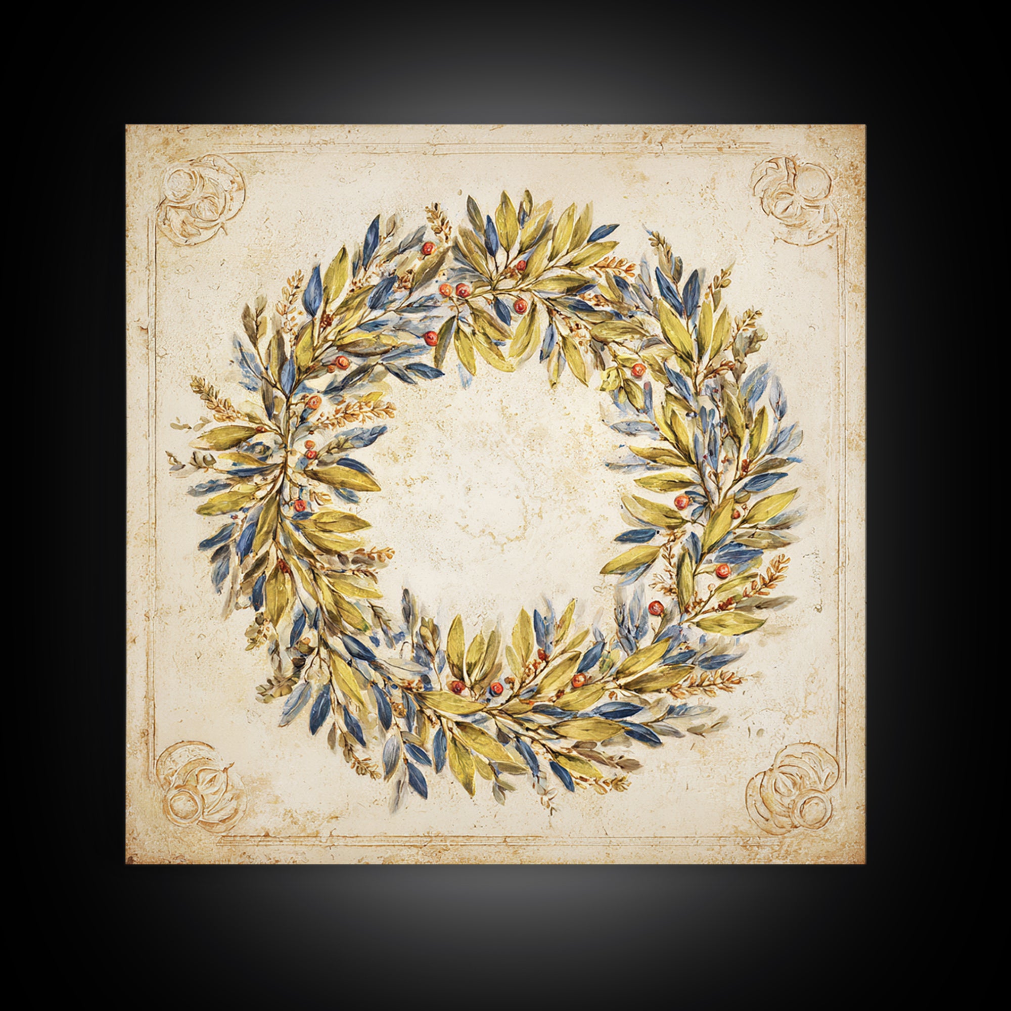Olive Branch Wreath on Cream Ground Canvas Print, French Country Art, Farmhouse Wall Decor, Farmhouse Decor, Country, FCA-1x1-70