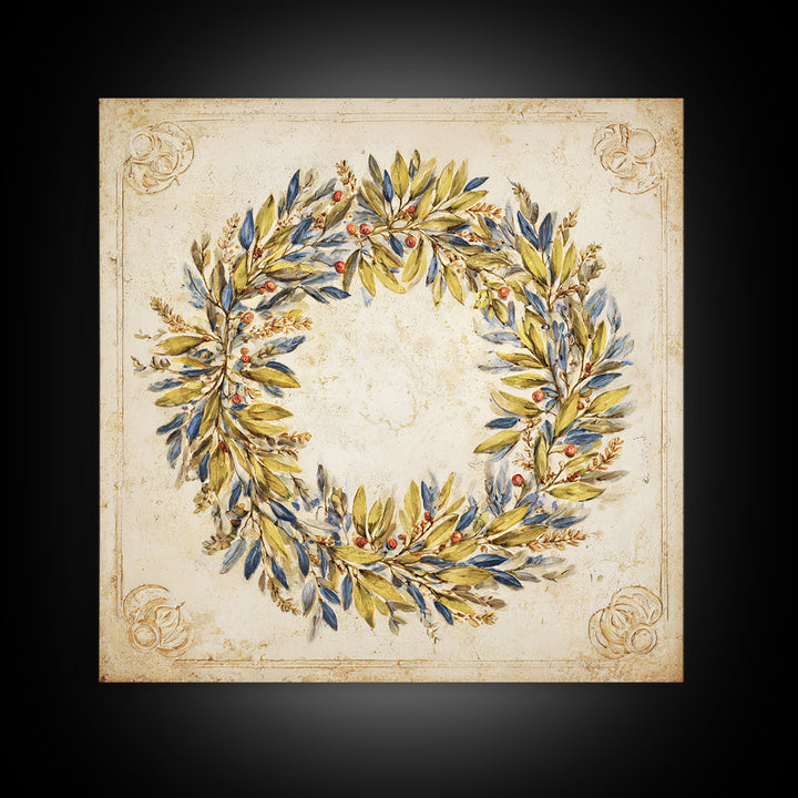 Olive Branch Wreath on Cream Ground Canvas Print, French Country Art, Farmhouse Wall Decor, Farmhouse Decor, Country, FCA-1x1-70