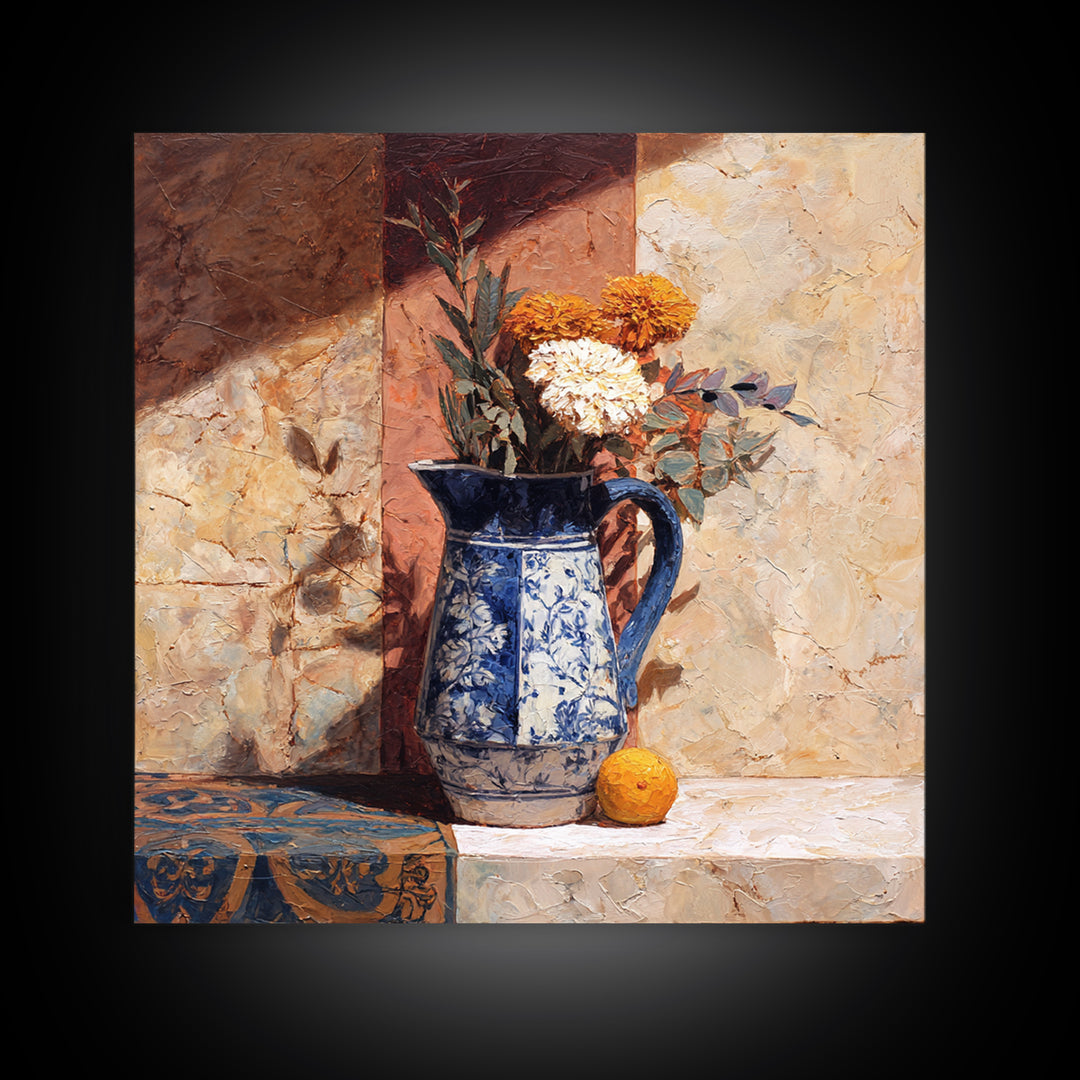 Blue and White Ceramic Pitcher Canvas Print, French Country Art, Digital Download Art, Farmhouse Decor, Fine Art, Country, FCA-1x1-75