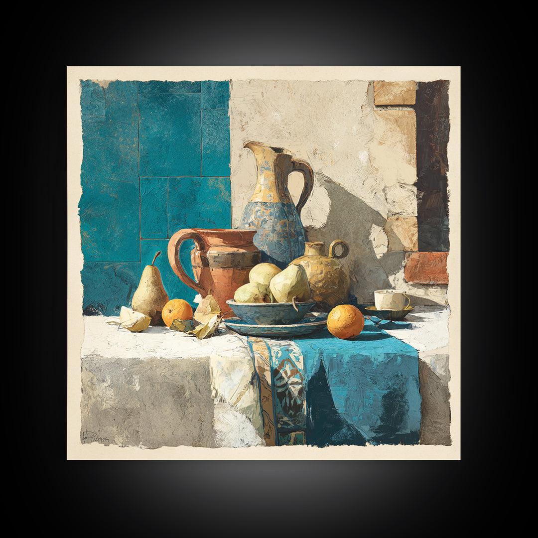 Pear Still Life on Linen Tablecloth Canvas Print, French Country Art, French Country, Farmhouse Decor, Abstract Art, Country, FCA-1x1-76