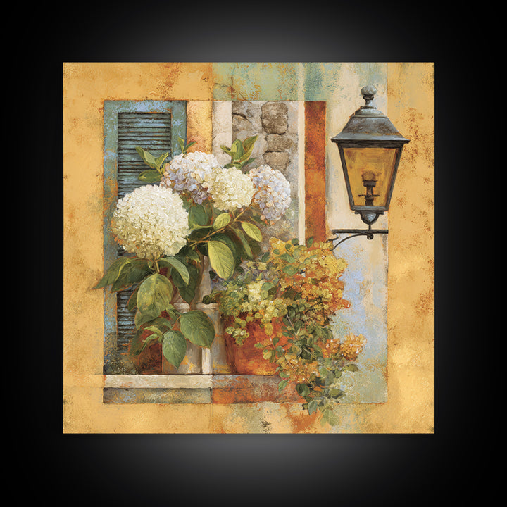 Soft Hydrangeas Beside Antique Shutters Framed Canvas Print, French Country Art, Home Decor, Farmhouse Decor, Fine Art, Country, FCA-1x1-80