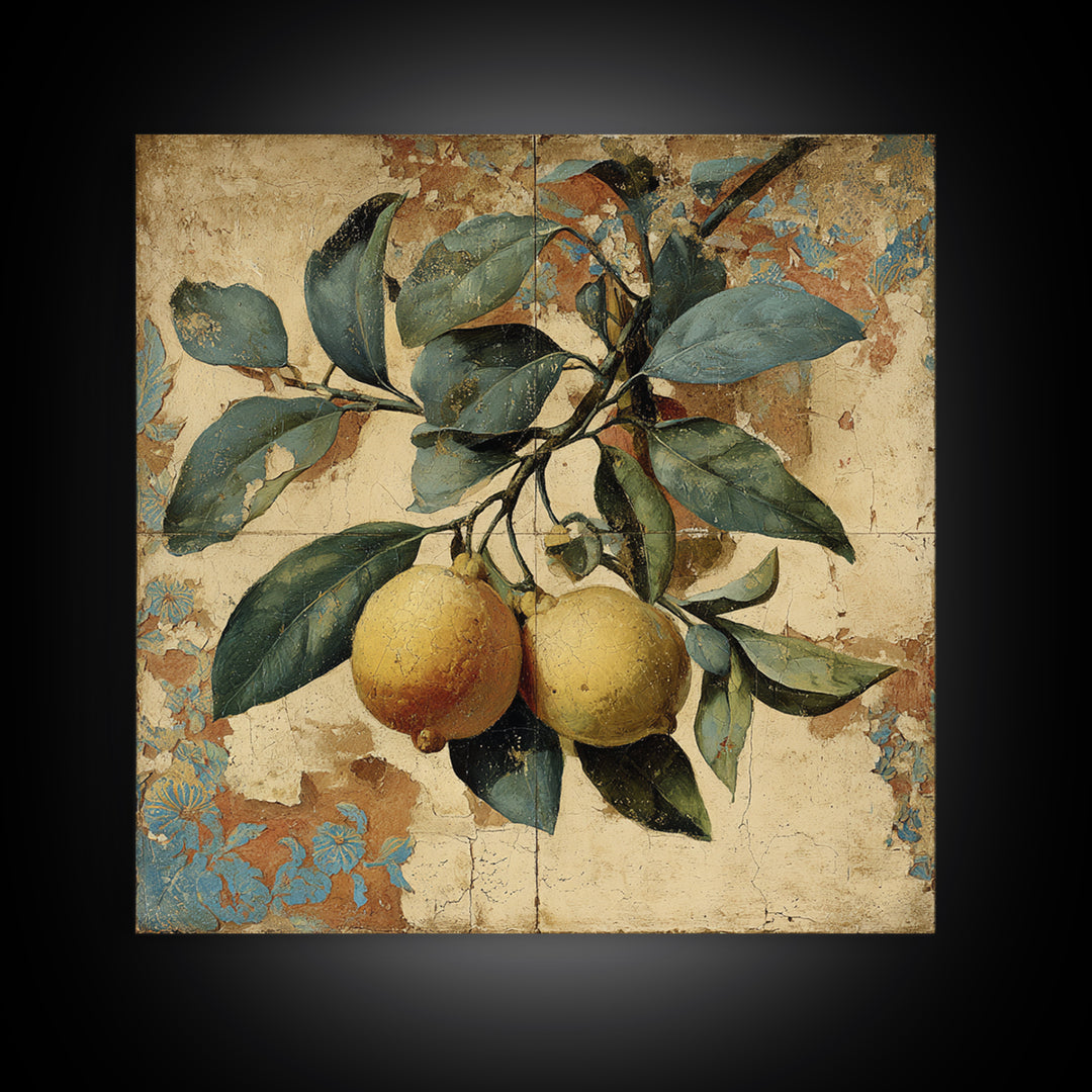 Aged Botanical Plate of Lemons and Leaves Canvas Print, French Country Art, Landscape Wall Art, Farmhouse Decor, Country, FCA-1x1-84