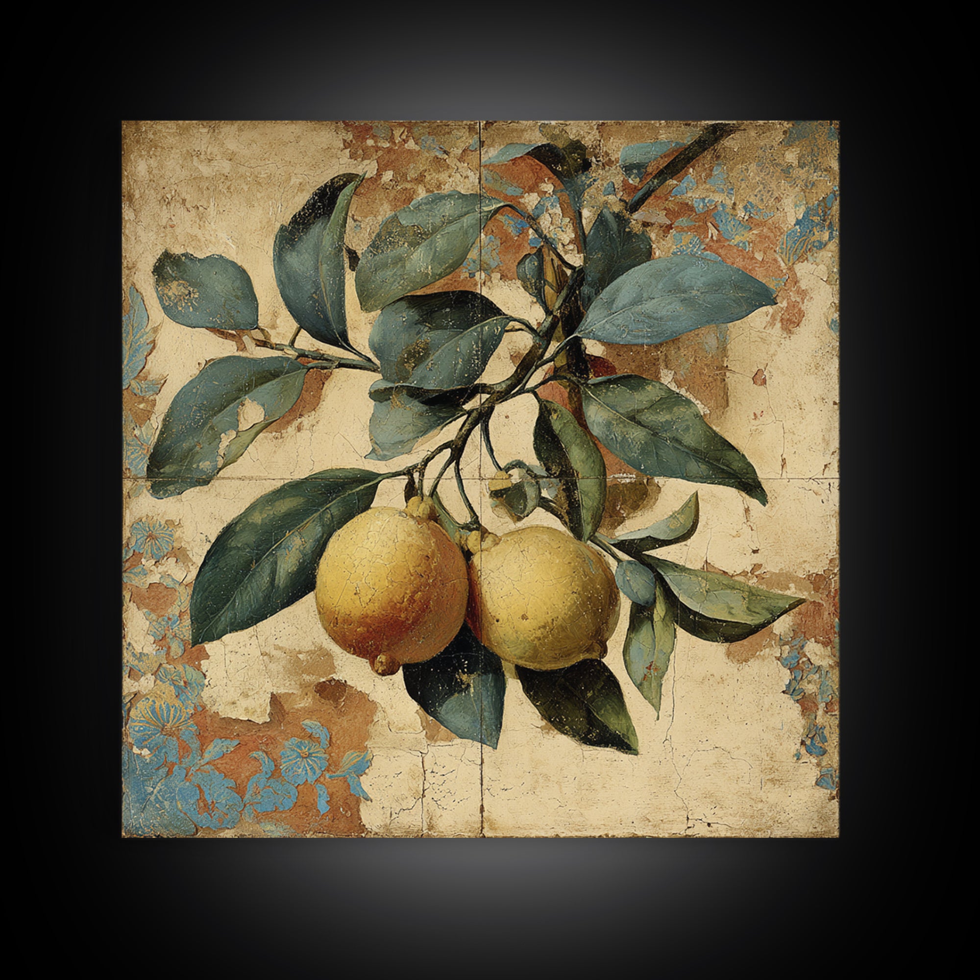 Aged Botanical Plate of Lemons and Leaves Canvas Print, French Country Art, Landscape Wall Art, Farmhouse Decor, Country, FCA-1x1-84