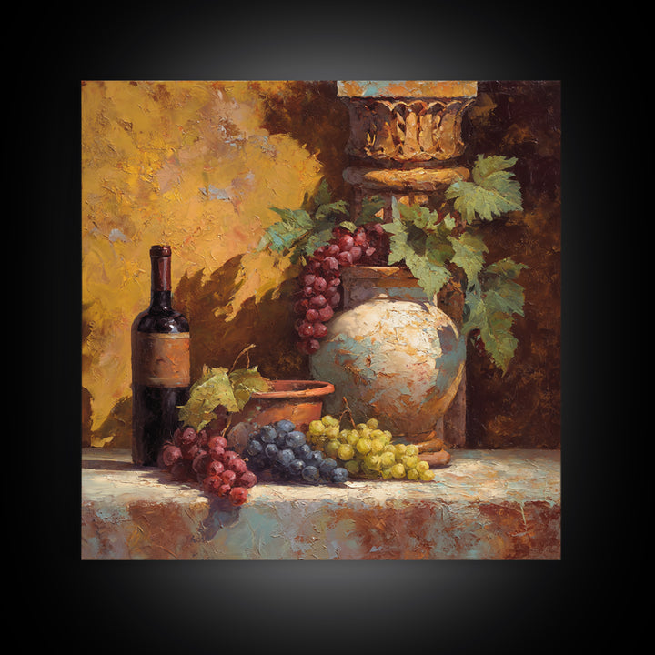 Grapes and Wine Still Life Canvas Print, French Country Art, Coastal Wall Art, Farmhouse Decor, Country, Above Bed Art, FCA-1x1-9