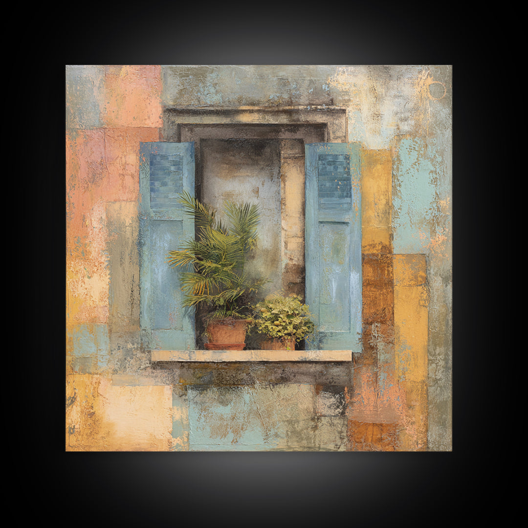Weathered Window with Blue Shutters Framed Canvas Print, French Country Art, Landscape Wall Art, Farmhouse Decor, Oil Painting, FCA-1x1-93