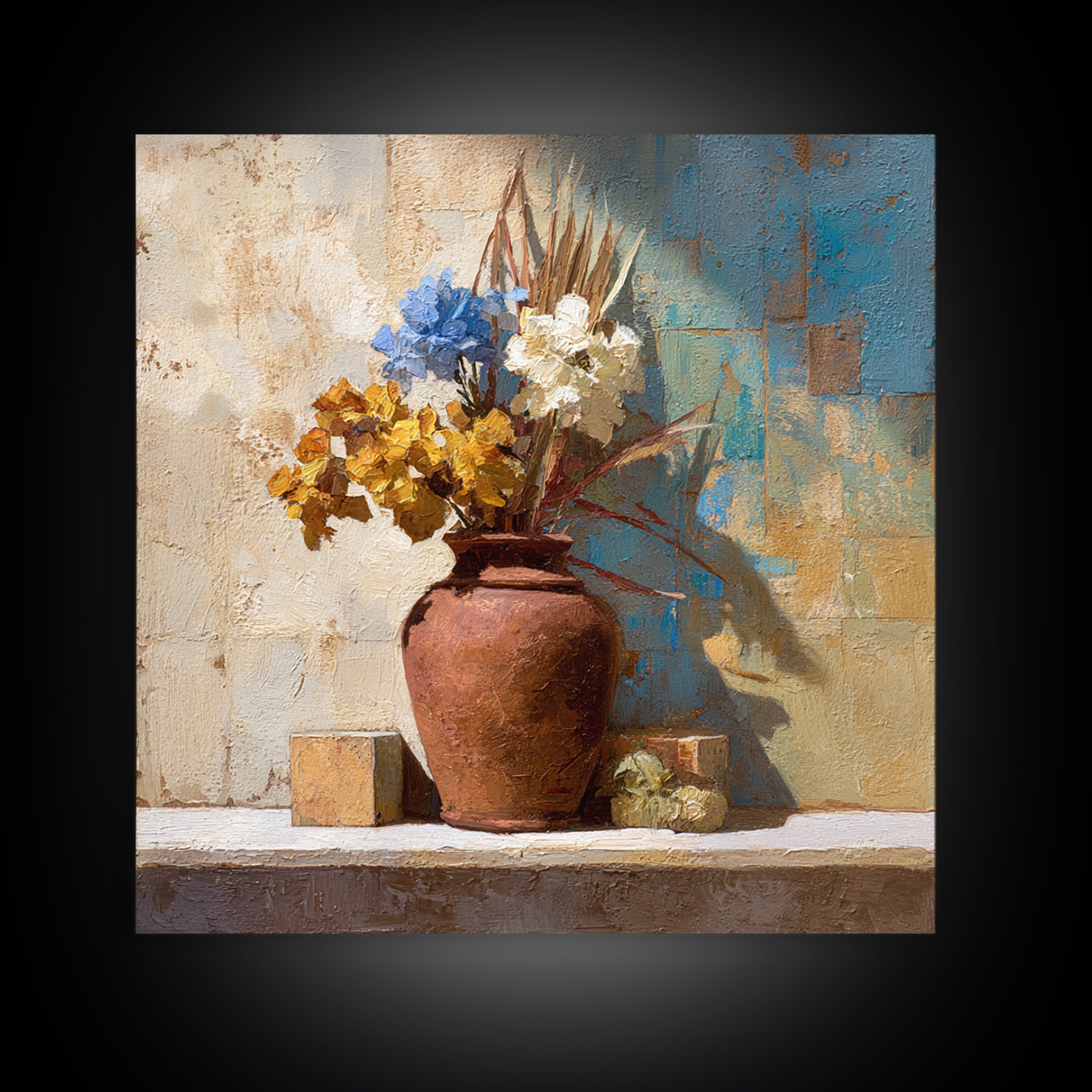 Antique Copper Pot and Flowers Still Life Framed Canvas Print, French Country Art, Wall Art, Farmhouse Decor, Fine Art, Country, FCA-1x1-96