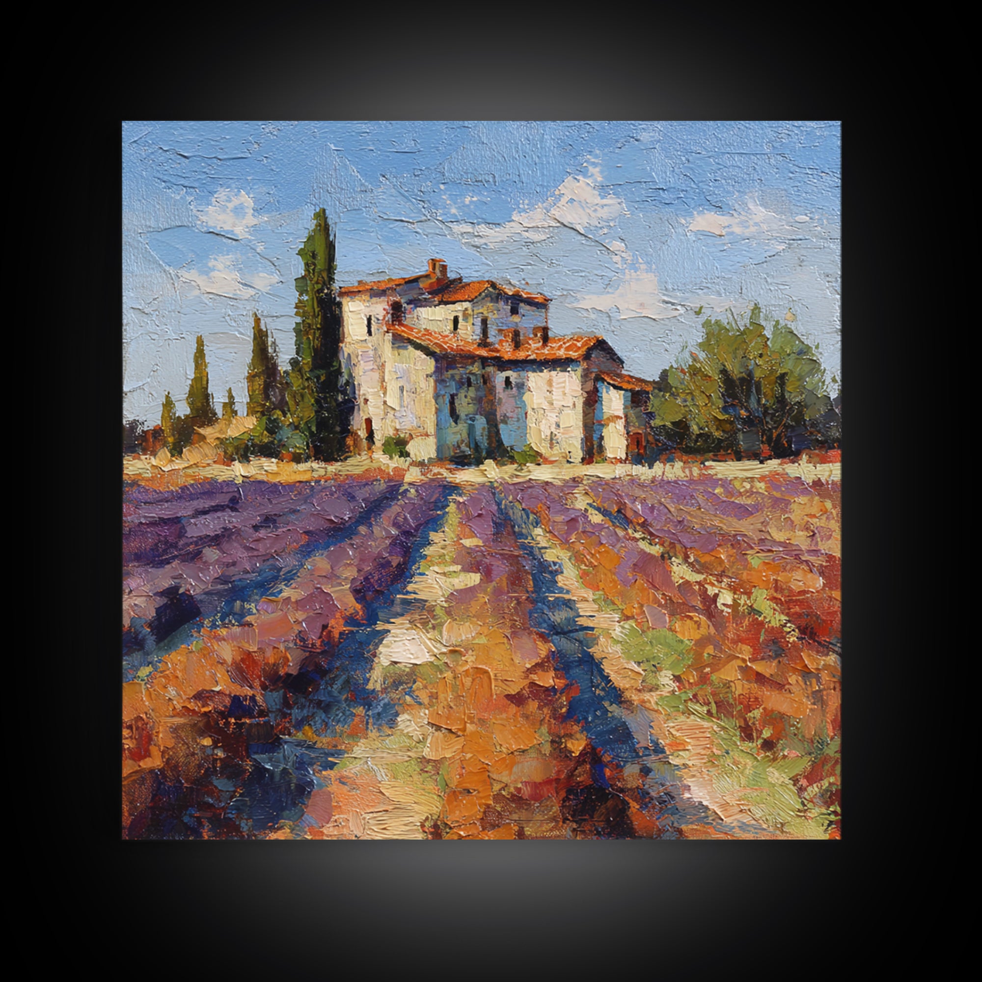 Lavender Field with Distant Stone Farmhouse Canvas Print, French Country Art, Farmhouse Decor, Oil Painting, Country, FCA-1x1-97