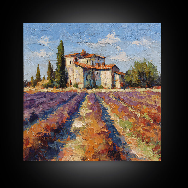 Lavender Field with Distant Stone Farmhouse Canvas Print, French Country Art, Farmhouse Decor, Oil Painting, Country, FCA-1x1-97
