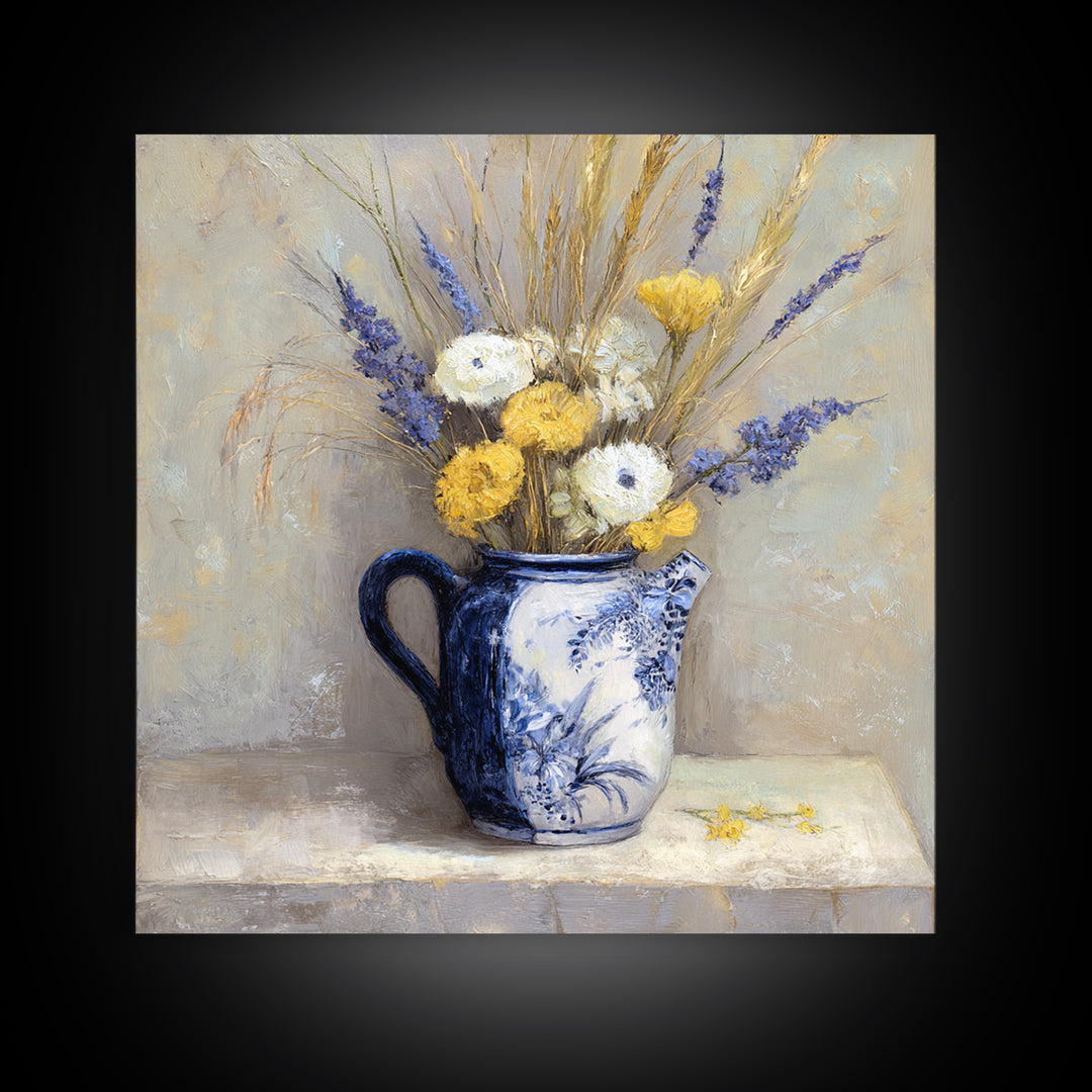 Blue and White Ceramic Pitcher Canvas Print, French Country Art, Farmhouse Decor, Oil Painting, Country, Digital Wall Art, FCA-1x1-99