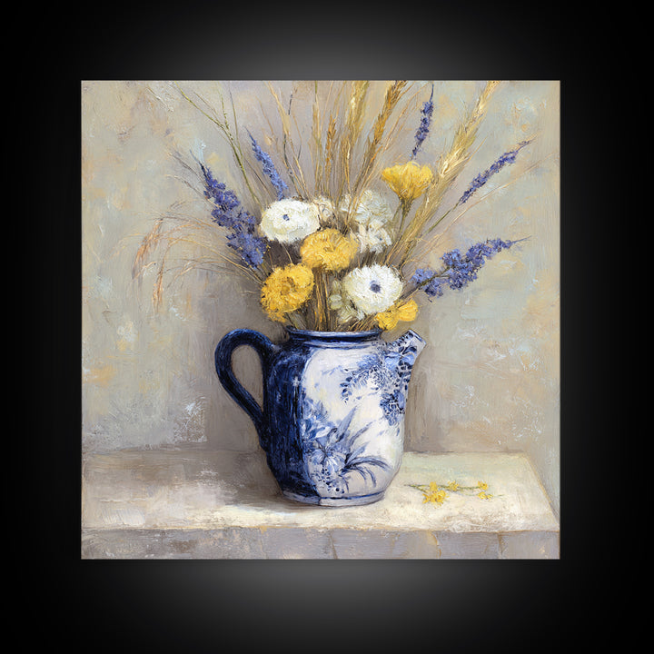 Blue and White Ceramic Pitcher Canvas Print, French Country Art, Farmhouse Decor, Oil Painting, Country, Digital Wall Art, FCA-1x1-99