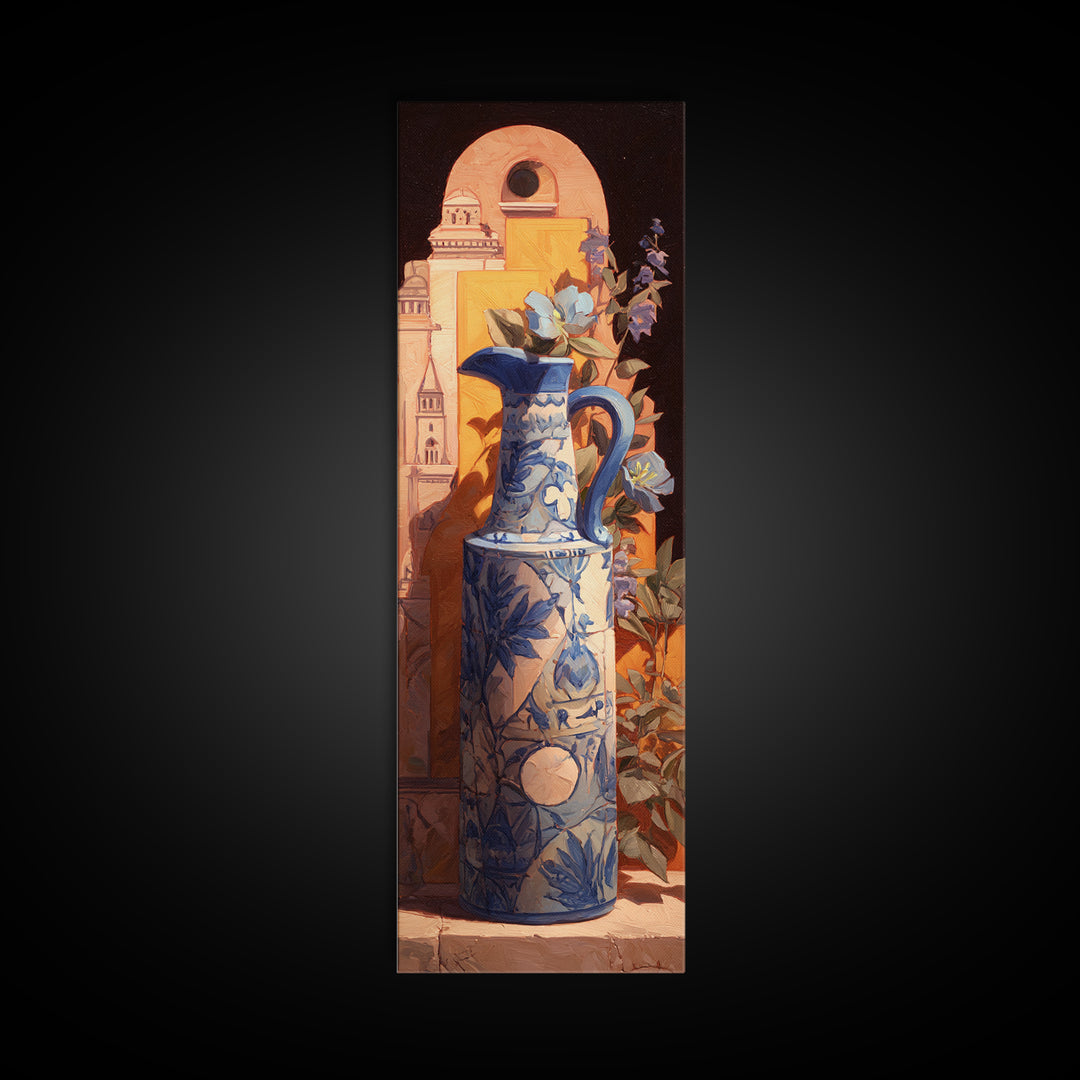 Blue and White Ceramic Pitcher Framed Canvas Print, French Country Art, Landscape Wall Art, Farmhouse Decor, Fine Art, Country, FCA-1x3-15