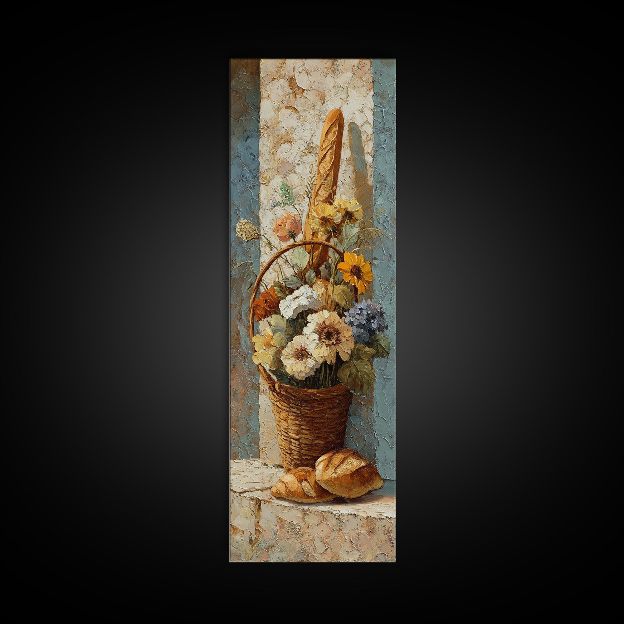 French Market Basket Framed Canvas Print, French Country Art, Downloadable Art, Farmhouse Decor, Oil Painting, Country, FCA-1x3-19