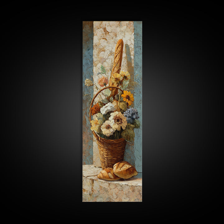 French Market Basket Framed Canvas Print, French Country Art, Downloadable Art, Farmhouse Decor, Oil Painting, Country, FCA-1x3-19