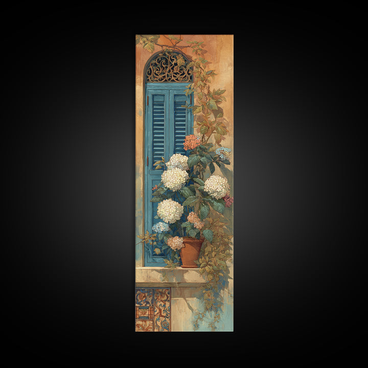 Soft Hydrangeas Beside Antique Shutters Framed Canvas Print, French Country Art, Eclectic Wall Art, Farmhouse Decor, Country, FCA-1x3-20