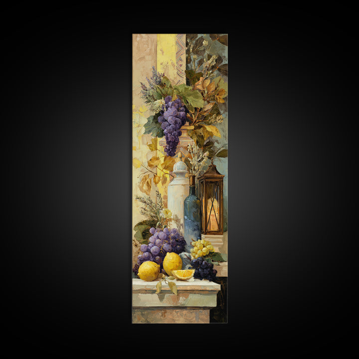 Grapes and Wine Still Life Canvas Print, French Country Art, Coastal Wall Art, Farmhouse Decor, Watercolor Art, Country, FCA-1x3-21