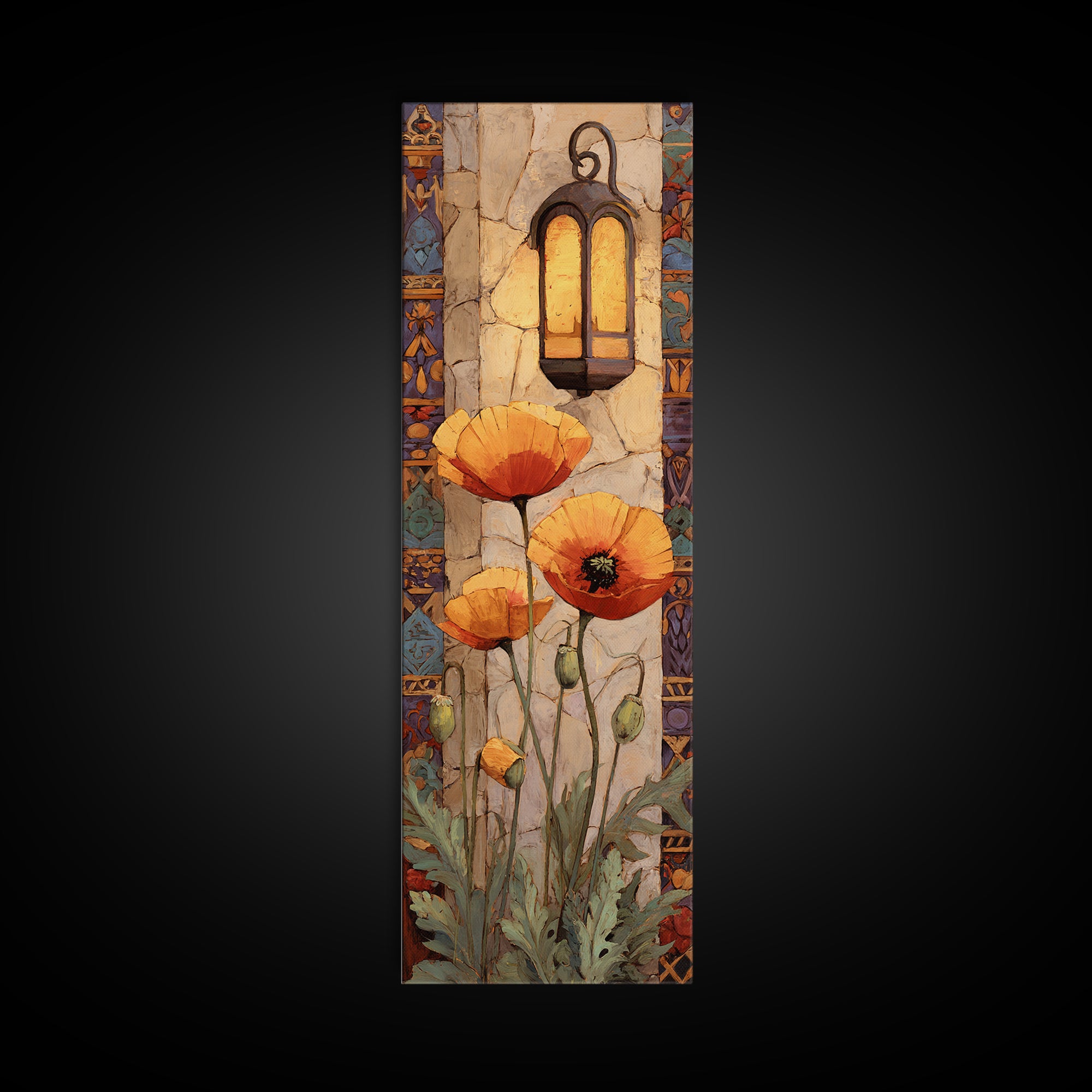 Poppies Beside a Stone Garden Wall Canvas Print, French Country Art, Digital Download Art, Farmhouse Decor, Watercolor Art, FCA-1x3-27