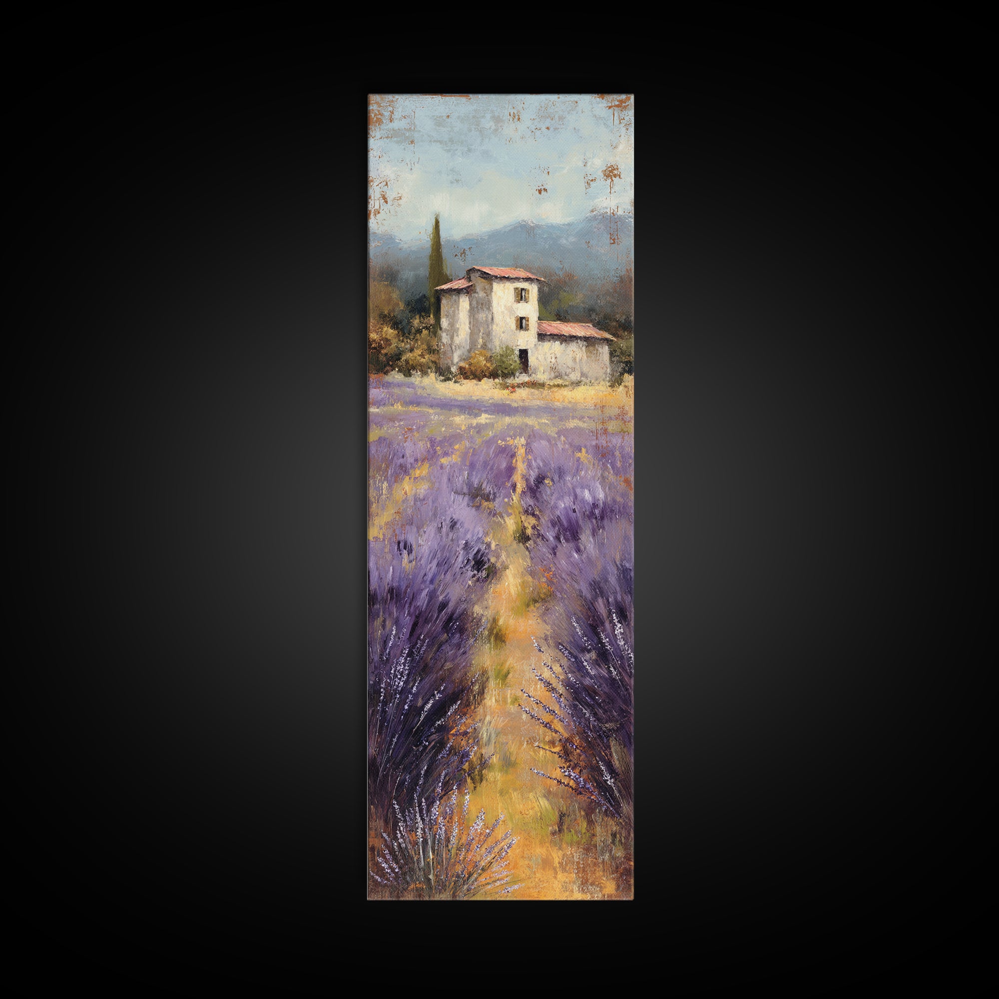 Lavender Field with Distant Stone Farmhouse Canvas Print, French Country Art, Landscape Painting, Farmhouse Decor, Country, FCA-1x3-37