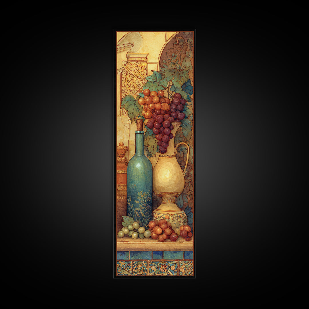 Grapes and Wine Still Life Framed Canvas Print, French Country Art, French Country Decor, Farmhouse Decor, Oil Painting, FCA-1x3-45