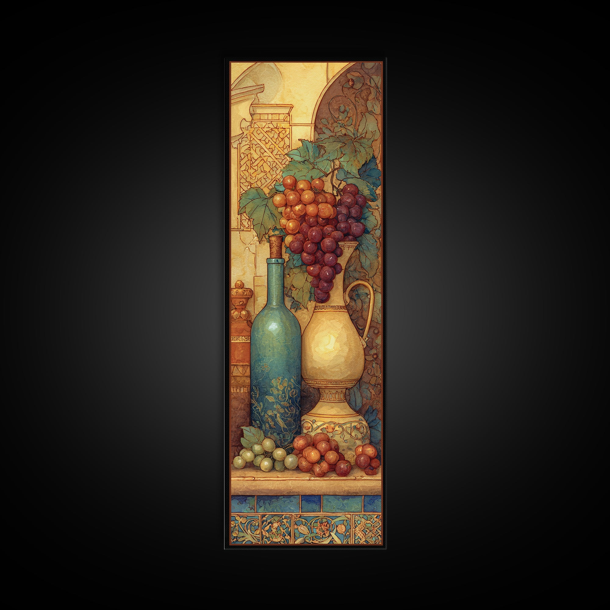 Grapes and Wine Still Life Framed Canvas Print, French Country Art, French Country Decor, Farmhouse Decor, Oil Painting, FCA-1x3-45