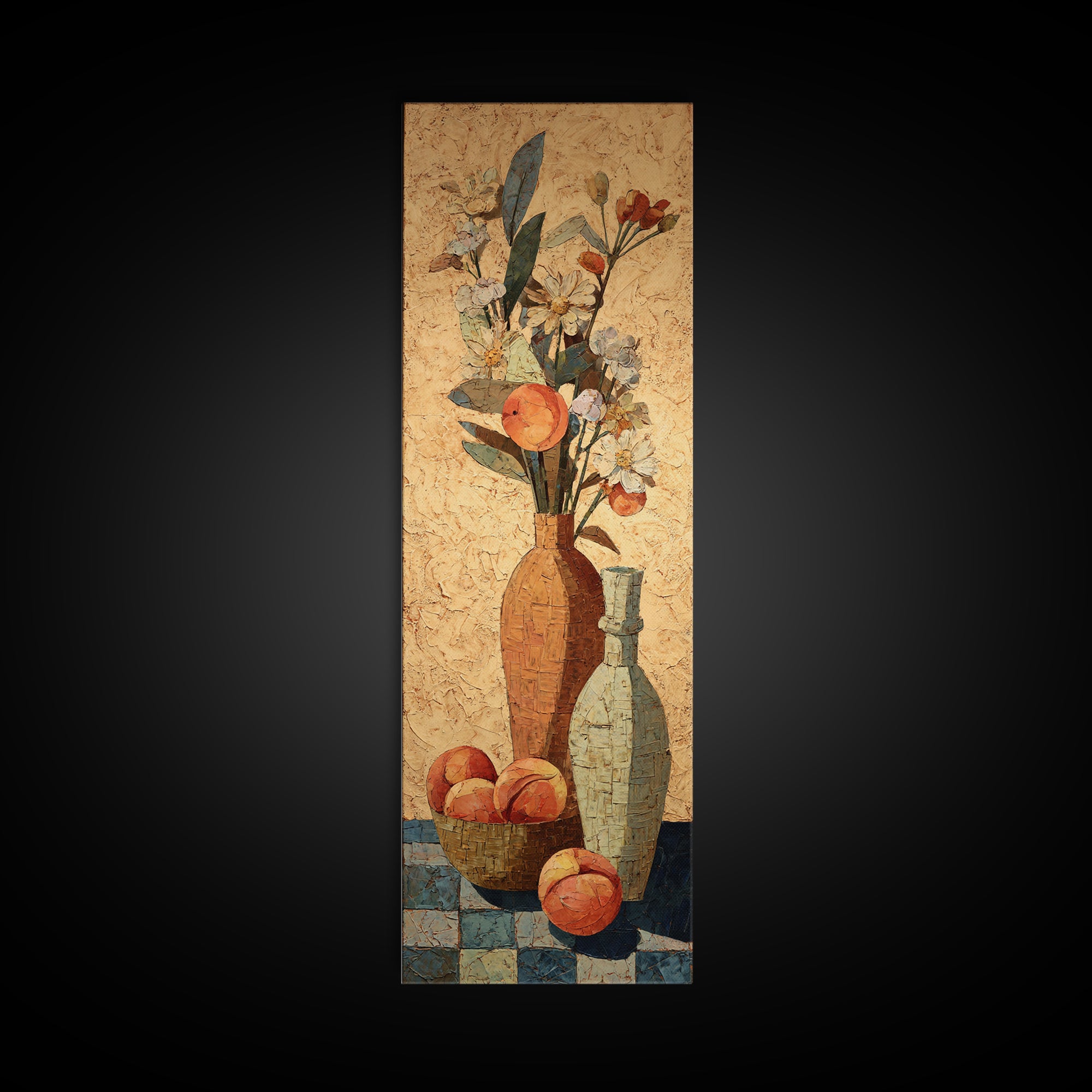 Basket of Fresh Peaches and Wildflowers Canvas Print, French Country Art, Statement Artwork, Farmhouse Decor, Fine Art, Country, FCA-1x3-56