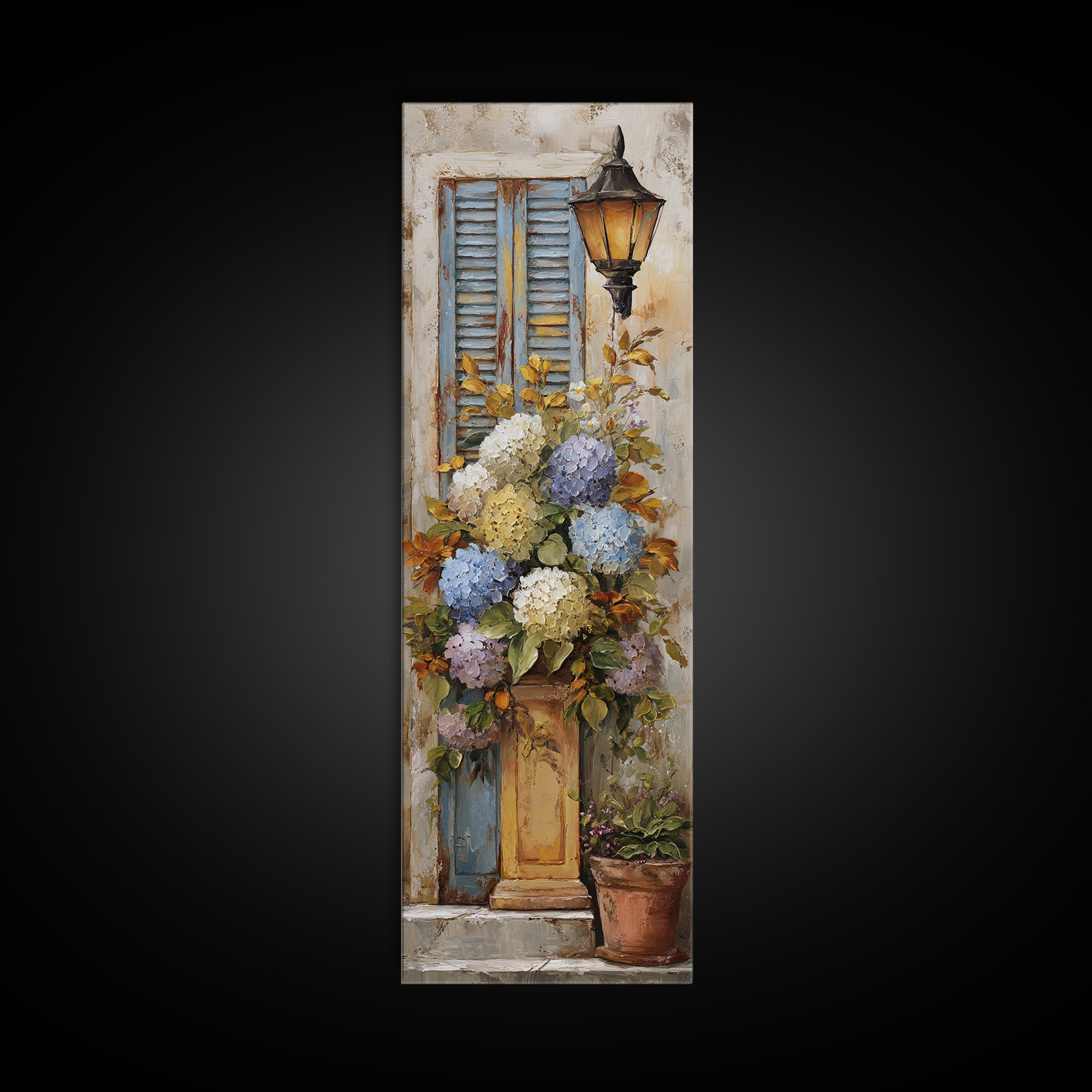 Soft Hydrangeas Beside Antique Shutters Canvas Print, French Country Art, Luxury Decor, Farmhouse Decor, Fine Art, Country, FCA-1x3-68