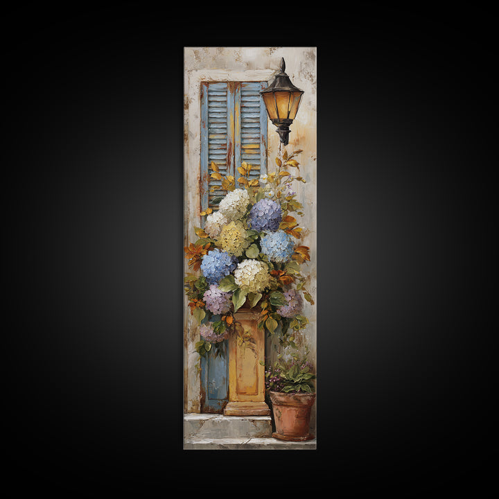 Soft Hydrangeas Beside Antique Shutters Canvas Print, French Country Art, Luxury Decor, Farmhouse Decor, Fine Art, Country, FCA-1x3-68