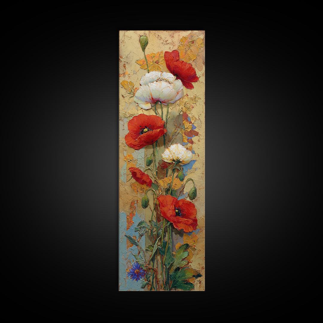 Poppies Beside a Stone Garden Wall Framed Canvas Print, French Country Art, Wall Art, Farmhouse Decor, Oil Painting, Country, FCA-1x3-75
