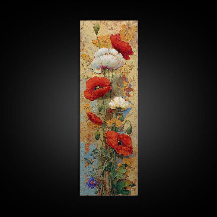 Poppies Beside a Stone Garden Wall Framed Canvas Print, French Country Art, Wall Art, Farmhouse Decor, Oil Painting, Country, FCA-1x3-75