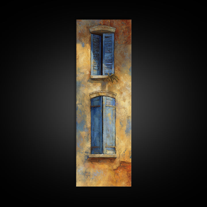 Weathered Window with Blue Shutters Canvas Print, French Country Art, Botanical Wall Art, Farmhouse Decor, Watercolor Art, FCA-1x3-9