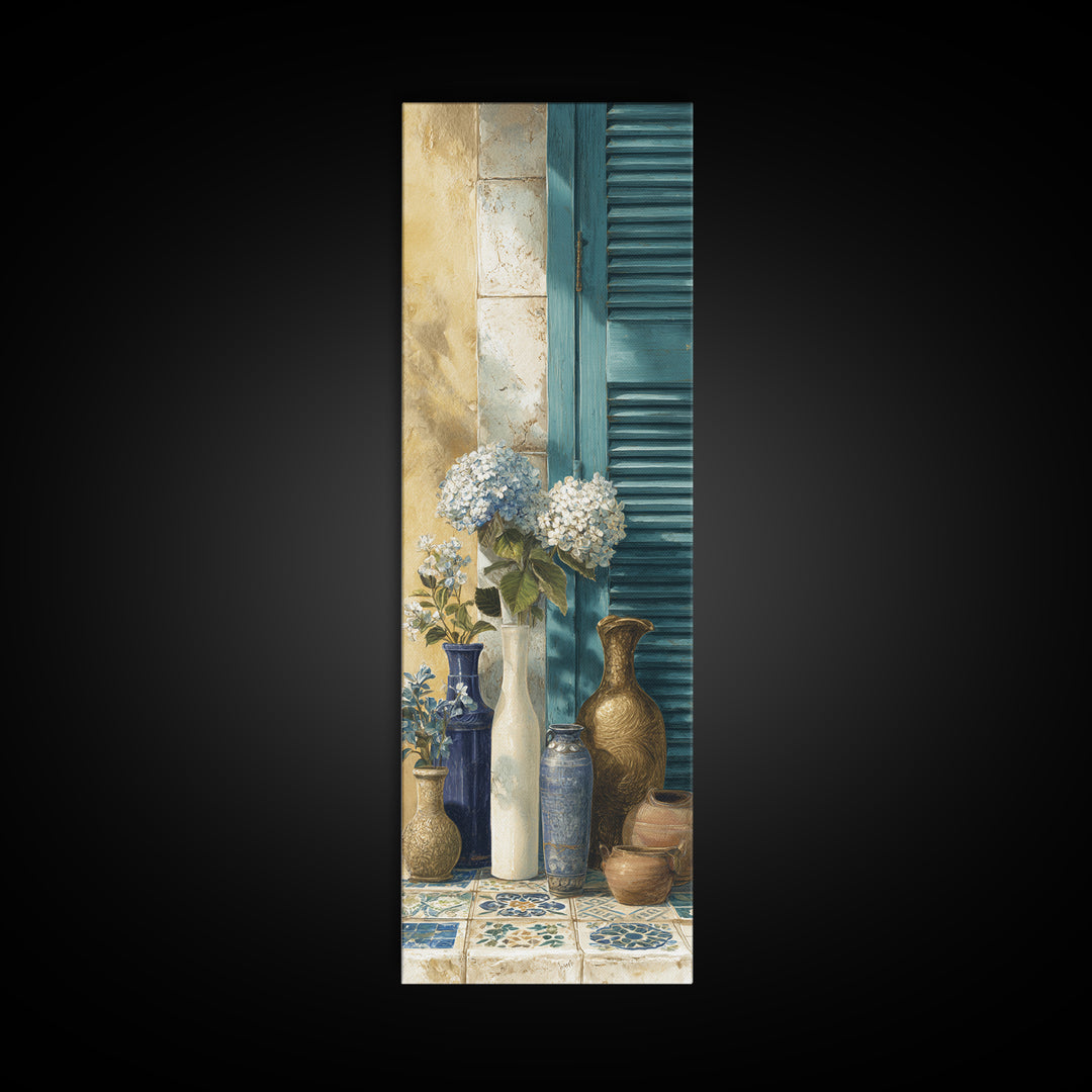 Soft Hydrangeas Beside Antique Shutters Framed Canvas Print, French Country Art, Contemporary Art, Farmhouse Decor, Country, FCA-1x3-92