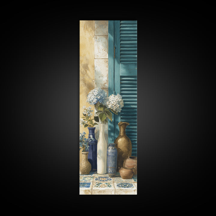 Soft Hydrangeas Beside Antique Shutters Framed Canvas Print, French Country Art, Contemporary Art, Farmhouse Decor, Country, FCA-1x3-92