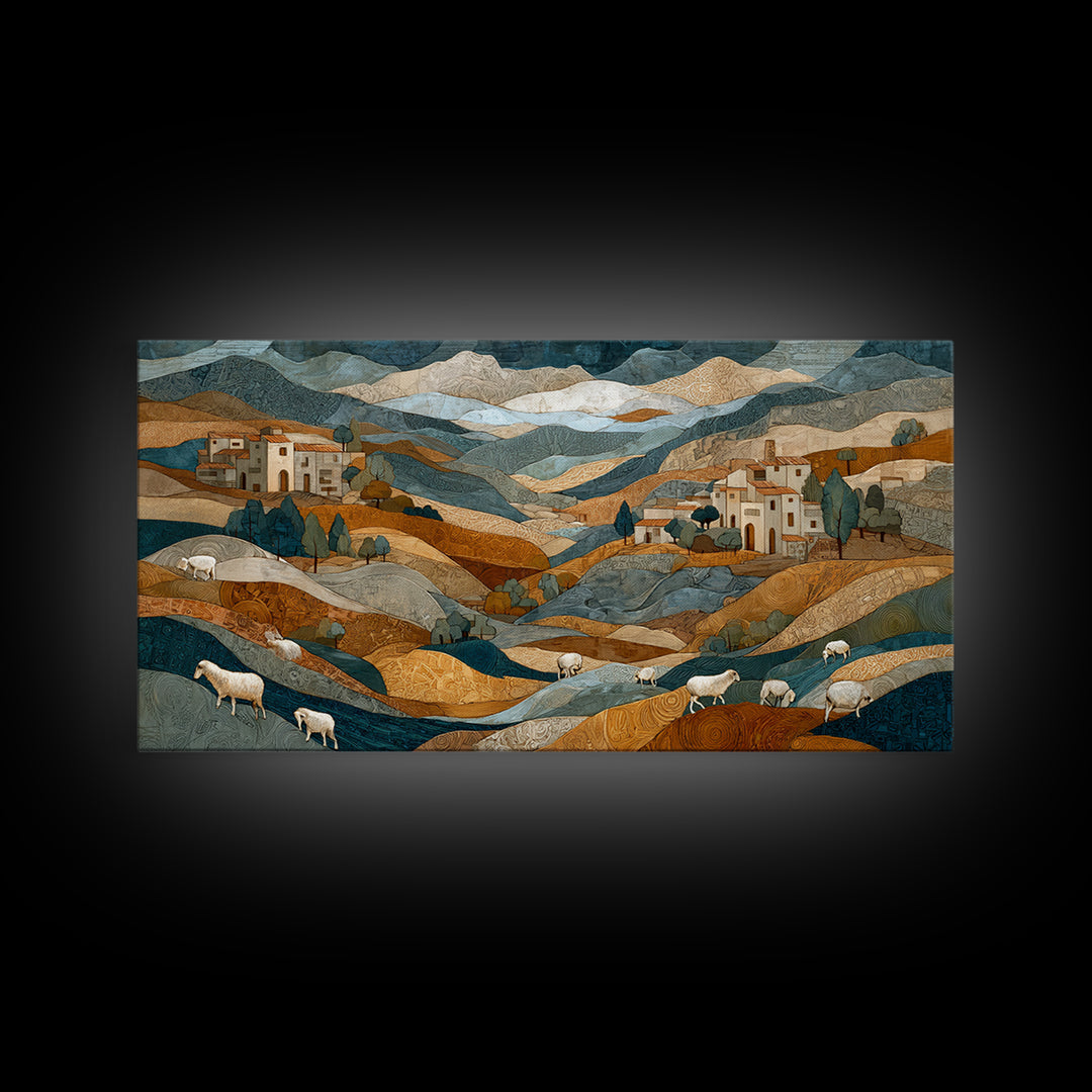 Pastoral Sheep in Rolling Countryside Framed Canvas Print, French Country Art, Home Decor, Farmhouse Decor, Fine Art, Country, FCA-2x1-10