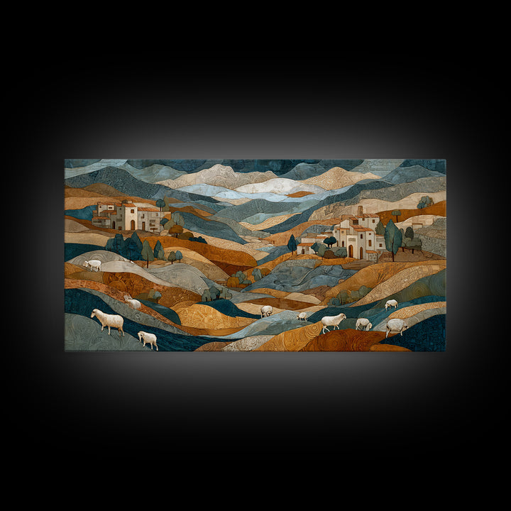 Pastoral Sheep in Rolling Countryside Framed Canvas Print, French Country Art, Home Decor, Farmhouse Decor, Fine Art, Country, FCA-2x1-10