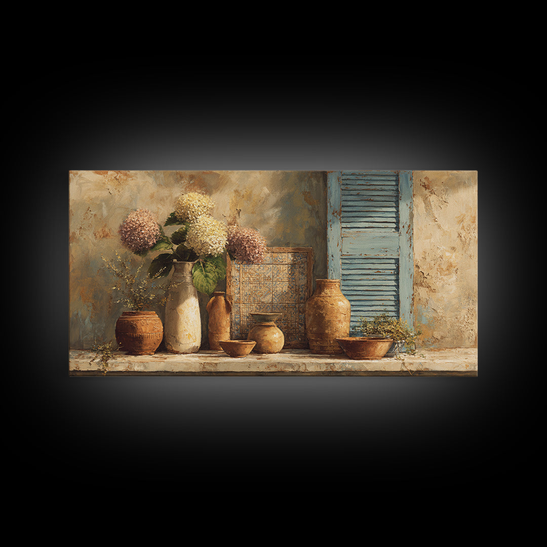Soft Hydrangeas Beside Antique Shutters Framed Canvas Print, French Country Art, Floral Wall Art, Farmhouse Decor, Country, FCA-2x1-100