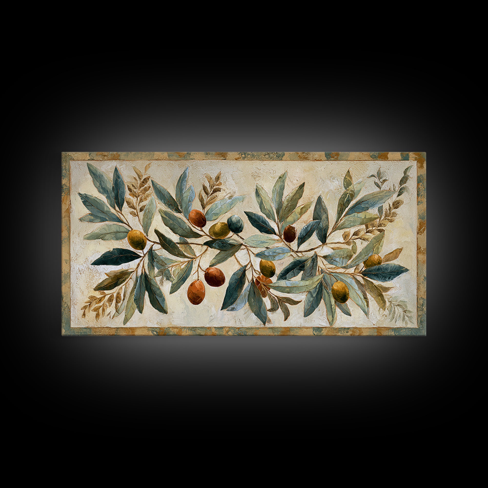 Olive Branch Wreath on Cream Ground Framed Canvas Print, French Country Art, Downloadable Art, Farmhouse Decor, Watercolor Art, FCA-2x1-18