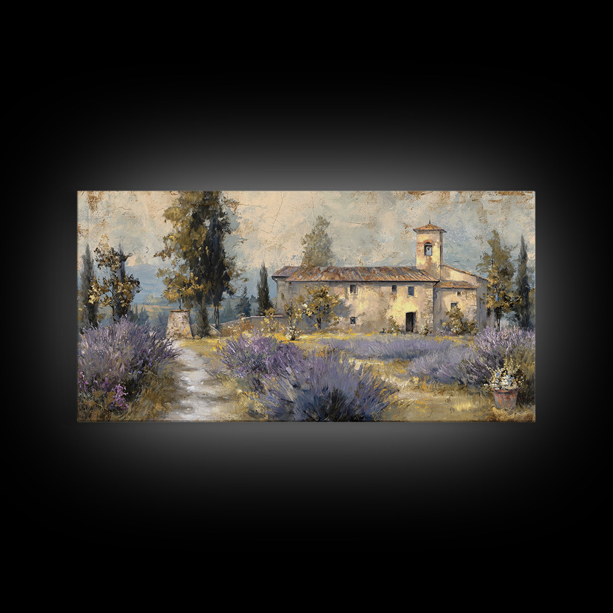 Lavender Field with Distant Stone Farmhouse Canvas Print, French Country Art, Farmhouse Decor, Oil Painting, Country, FCA-2x1-21