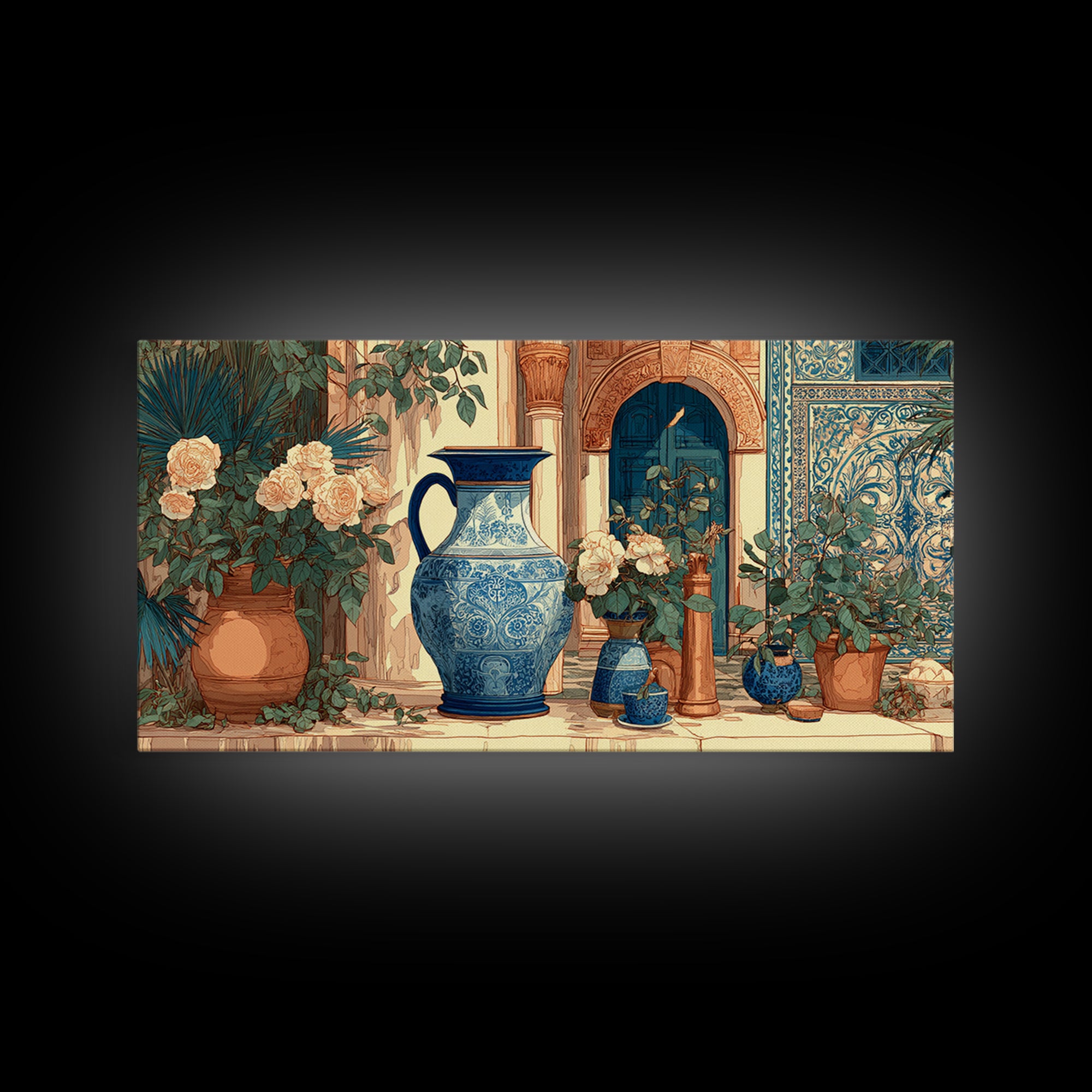 Blue and White Ceramic Pitcher Framed Canvas Print, French Country Art, Wall Art, Farmhouse Decor, Watercolor Art, Country, FCA-2x1-23