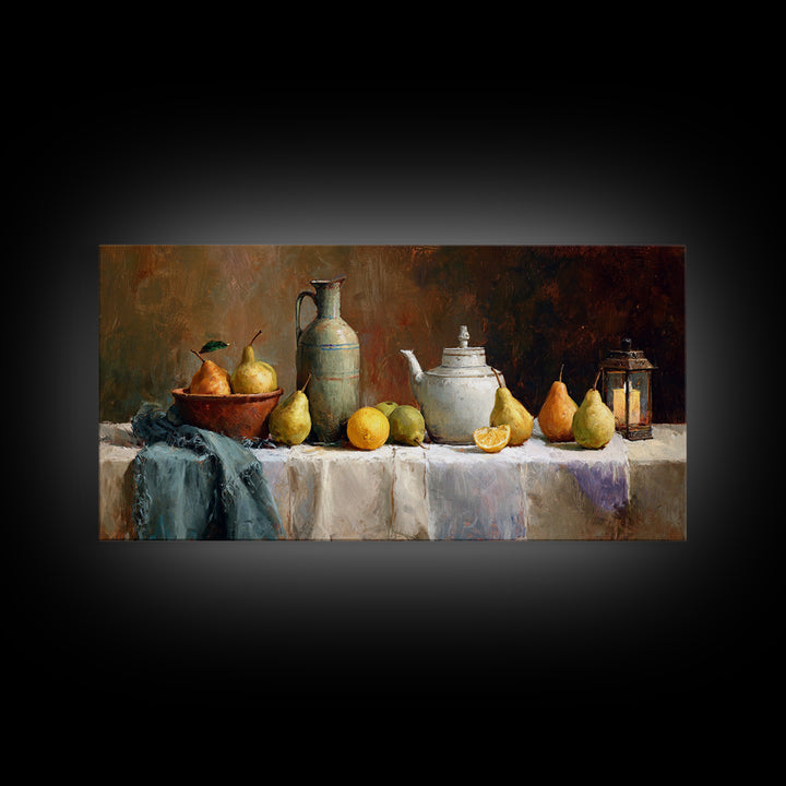 Pear Still Life on Linen Tablecloth Framed Canvas Print, French Country Art, Room Decor, Farmhouse Decor, Fine Art, Country, FCA-2x1-24
