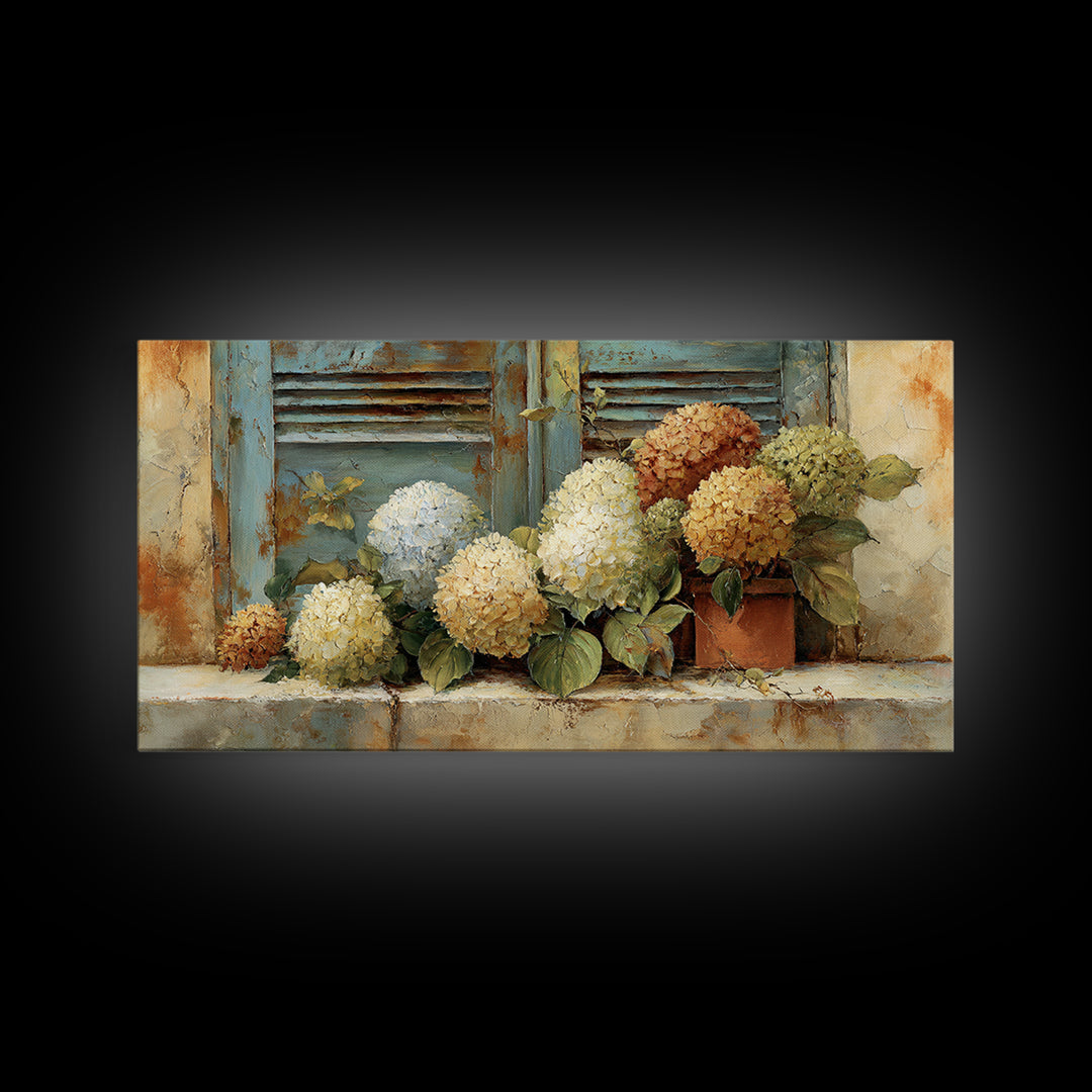 Soft Hydrangeas Beside Antique Shutters Framed Canvas Print, French Country Art, Textured Painting, Farmhouse Decor, Country, FCA-2x1-28